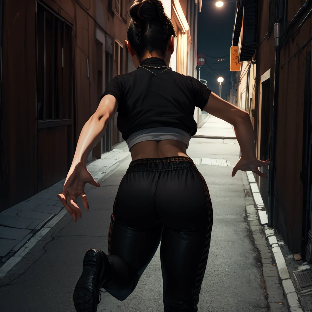 Chitose,black hair,brown eyes,short hair,ponytail,braids,short sleeve,
crop top, (running her hands down her butt),black pants,necklace,street,night,alley, smile, 
(insanely detailed,masterpiece, best quality)((solo,1girl,alone))