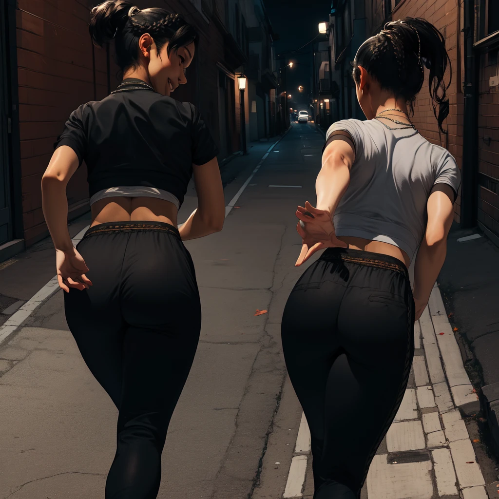 Chitose,black hair,brown eyes,short hair,ponytail,braids,short sleeve,
crop top, (running her hands down her butt),black pants,necklace,street,night,alley, smile, 
(insanely detailed,masterpiece, best quality)((solo,1girl,alone))