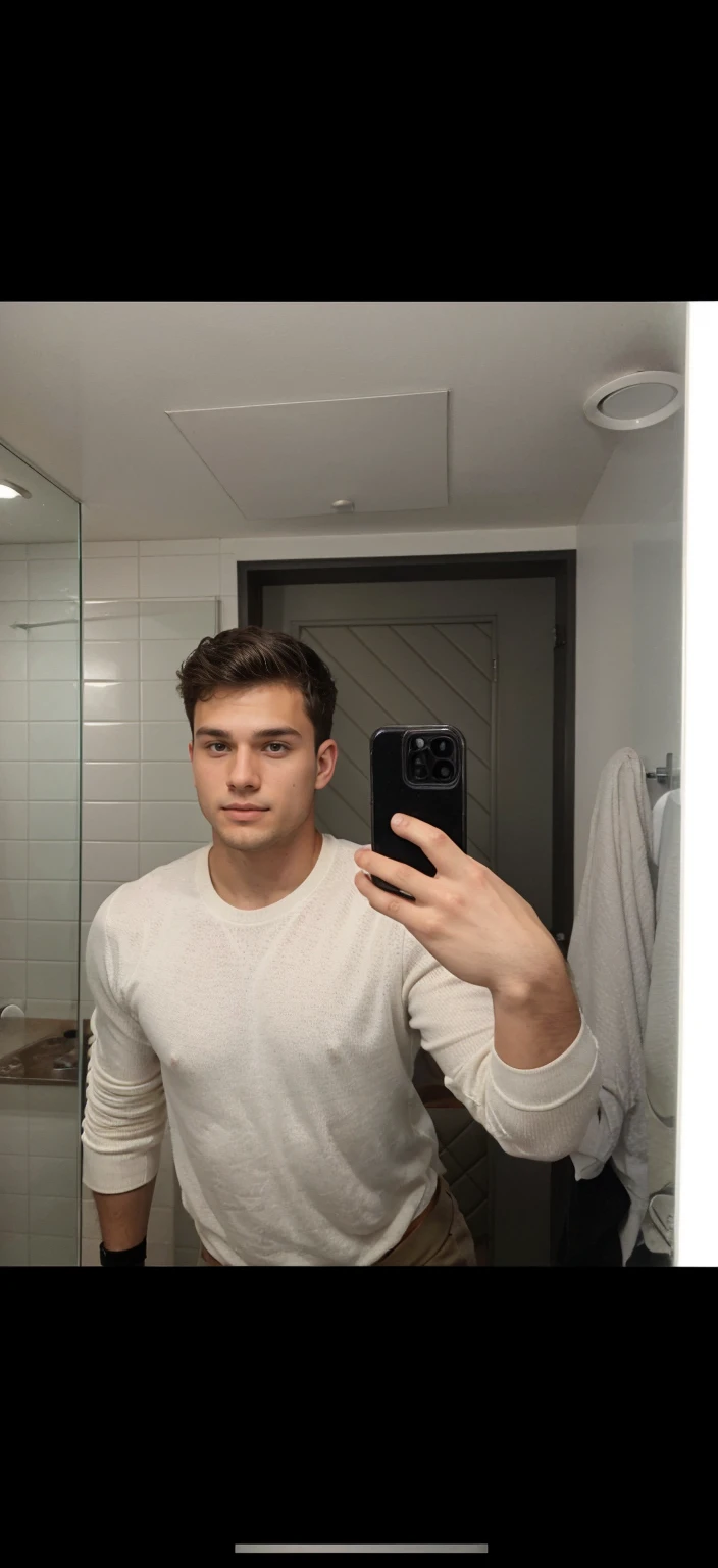College age 22 year old tall fit man with short brown hair that is a little bit curly taking a mirror selfie.
