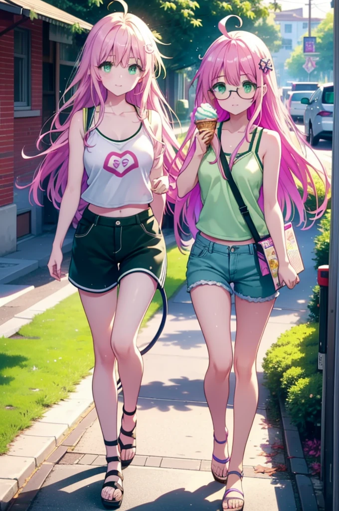Laladevi Luke, Lara Deviluke, Long Hair, Pink Hair, tail, Ahoge, bangs, hair ornaments, (Green Eyes:1.5), smile,Open your mouth,demon tail, Tank top,Shorts,Heeled Sandals,Black-rimmed glasses,Holding ice cream in one hand,Eating ice cream,Walking,noon,Clear skies,True Summer,Sweat,whole bodyがイラストに入るように,
break outdoors, In town,
break looking at viewer, whole body,
break (masterpiece:1.2), Highest quality, High resolution, unity 8k wallpaper, (figure:0.8), (beautiful detailed eyes:1.6), extremely detailed face, Perfect lighting, extremely detailed CG, (Perfect hands, Perfect Anatomy),