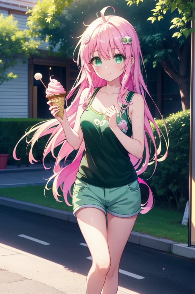 Laladevi Luke, Lara Deviluke, Long Hair, Pink Hair, tail, Ahoge, bangs, hair ornaments, (Green Eyes:1.5), smile,Open your mouth,demon tail, Tank top,Shorts,Heeled Sandals,Black-rimmed glasses,Holding ice cream in one hand,Eating ice cream,Walking,noon,Clear skies,True Summer,Sweat,whole bodyがイラストに入るように,
break outdoors, In town,
break looking at viewer, whole body,
break (masterpiece:1.2), Highest quality, High resolution, unity 8k wallpaper, (figure:0.8), (beautiful detailed eyes:1.6), extremely detailed face, Perfect lighting, extremely detailed CG, (Perfect hands, Perfect Anatomy),