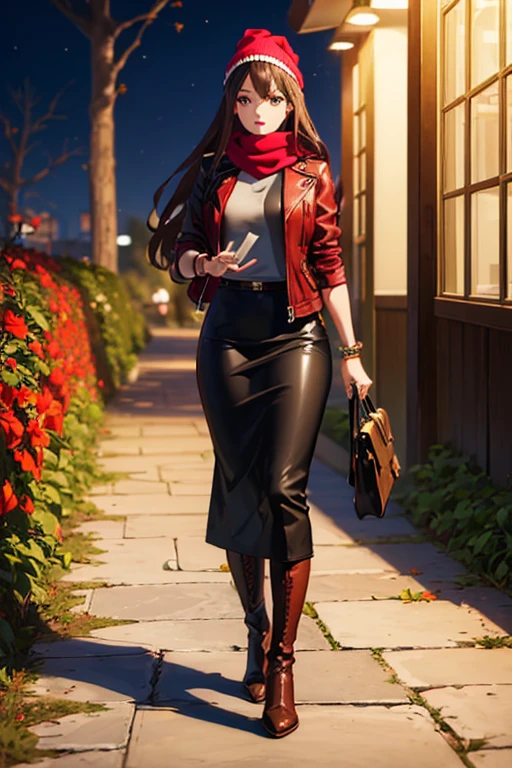 ((masterpiece, best quality, ultra-detailed)), beautiful woman walking through a fall garden, red leather jacket with gray t-shirt, scarf, beanie, bracelet, black maxi pencil skirt, leather boots, full body, long brown hair, wavy hair, fall garden, leaves, night