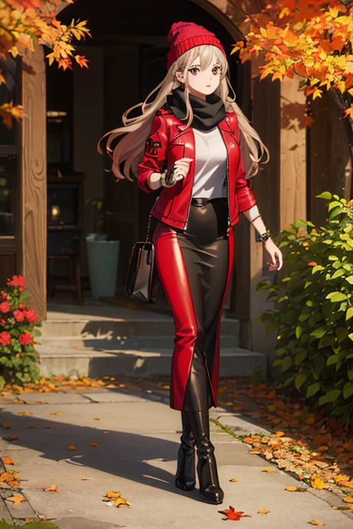 ((masterpiece, best quality, ultra-detailed)), beautiful woman walking through a fall garden, red leather jacket with gray t-shirt, scarf, beanie, bracelet, black maxi pencil skirt, leather boots, full body, long brown hair, wavy hair, fall garden, leaves, night