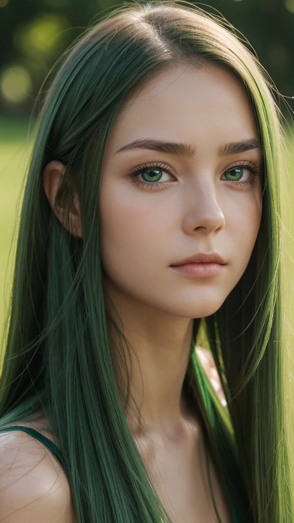 a girl. face sent feeling. Europe. Oval face. long face. delicate facial features. sad eyes. seductively seductive. green eyes. long straight hair. green hair. normal expression.