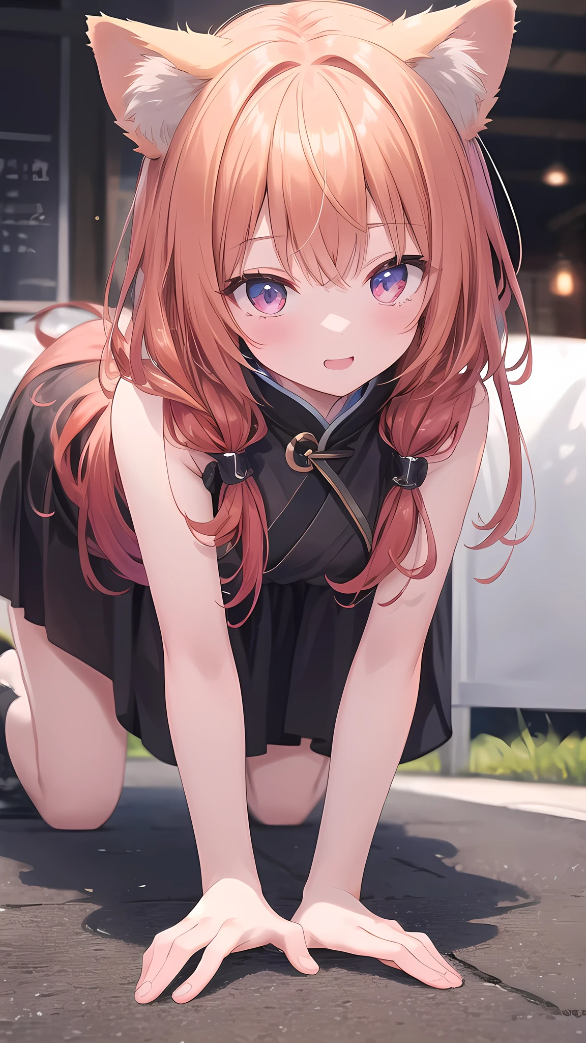 (8k, best quality, master piece: 1.2),super high resolution,1 girl, solo, all fours, hands on ground ,ultra-detailed face, 、Random hairstyle、Random hair color、one's home、(bed)、Midnight、Out of the window、Starry Sky, Collarbone, Ecstatic expression, open your mouse