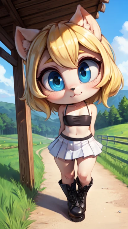 White tube top, white felt miniskirt, FOCUS CUTE FACE,  MAKEUP, blonde medium wave hair, narrow eyes, blue eyes, countryside, wear black boots, wear outdoors, blue sky, all body view.