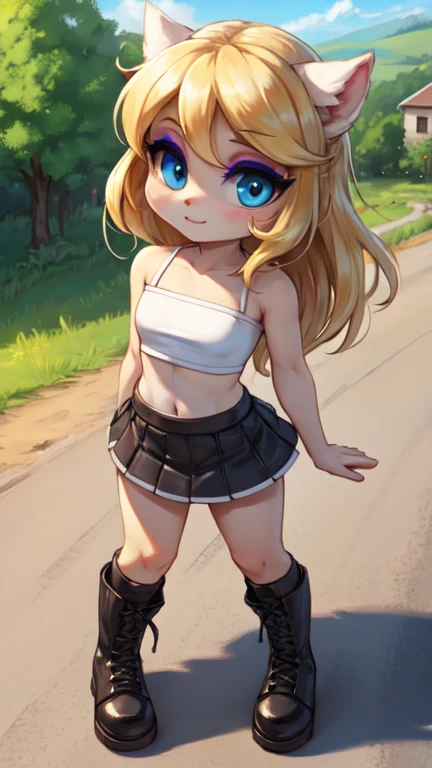 White tube top, white felt miniskirt, FOCUS CUTE FACE,  MAKEUP, blonde medium wave hair, narrow eyes, blue eyes, countryside, wear black boots, wear outdoors, blue sky, all body view.