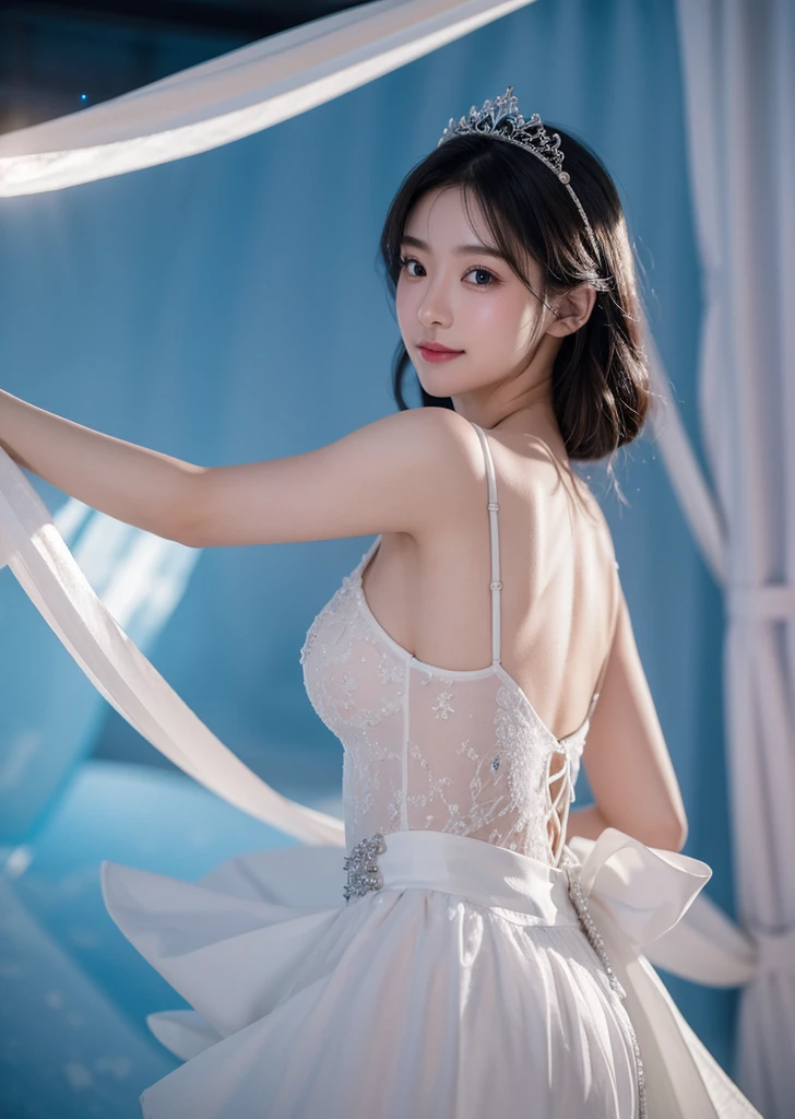 1 beautiful  woman,(hyper detailed:1.5), masterpiece, photorealistic, realistic skin, full body,(white ballerina uniform:1.4),(mini skirt), full body,dynamic pose, (hair bun,top knot:1.0),  (realistic skin),(sweaty skin:1.1),(oily skin:1.1),arched back,standing and raising 1leg,in studio,back view