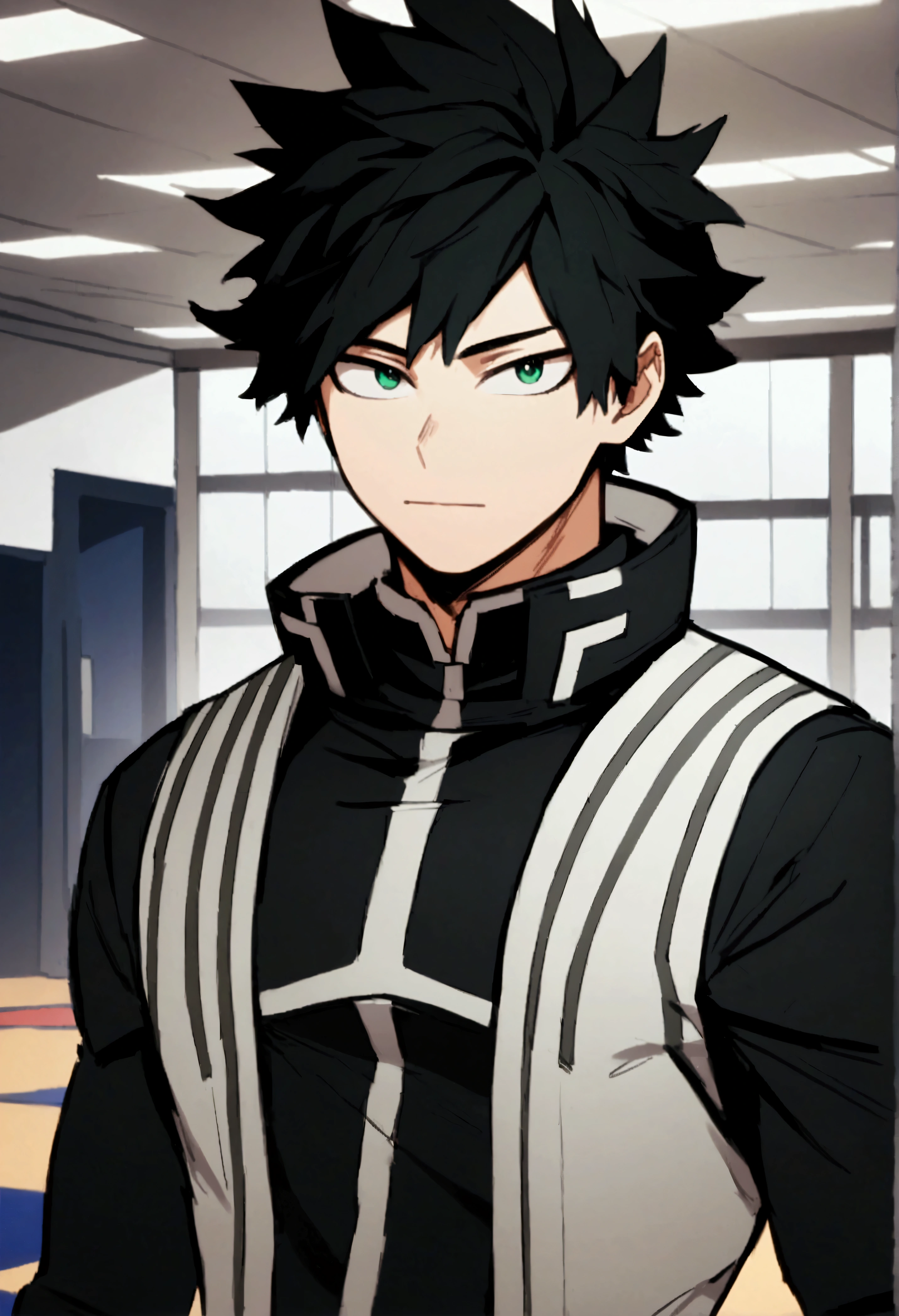 Screenshot of boku no hero academia , beautiful young boy .with strong black hair. Green eyes .wearing Boku no Hero clothes, gentle face, Boku no Hero Style, inside the UA academy, (soul of kindness Undertale/Glichtale), green power