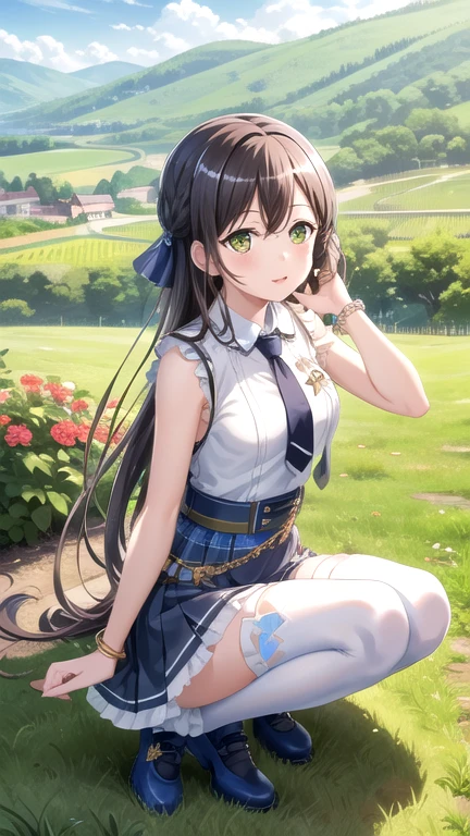 ((masterpiece)), (best quality), official art, extremely detailed CG, unity 8k wallpaper, ultra detailed, highly detailed, detailed background, vivid color,
1girl, tae,black hair,long hair,green eyes, 
skirt, shirt, thighhighs, bow, white shirt, pleated skirt, frills, necktie, sleeveless, collared shirt, belt, miniskirt, star symbol, bracelet, blue skirt, zettai ryouiki, sleeveless shirt, blue bow, blue footwear,  
Leaning back, arms folded, vineyard, sprawling countryside, terraced slopes, winery, 
 