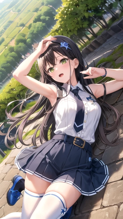 ((masterpiece)), (best quality), official art, extremely detailed CG, unity 8k wallpaper, ultra detailed, highly detailed, detailed background, vivid color,
1girl, tae,black hair,long hair,green eyes, 
skirt, shirt, thighhighs, bow, white shirt, pleated skirt, frills, necktie, sleeveless, collared shirt, belt, miniskirt, star symbol, bracelet, blue skirt, zettai ryouiki, sleeveless shirt, blue bow, blue footwear,  
Leaning back, arms folded, vineyard, sprawling countryside, terraced slopes, winery, 
 