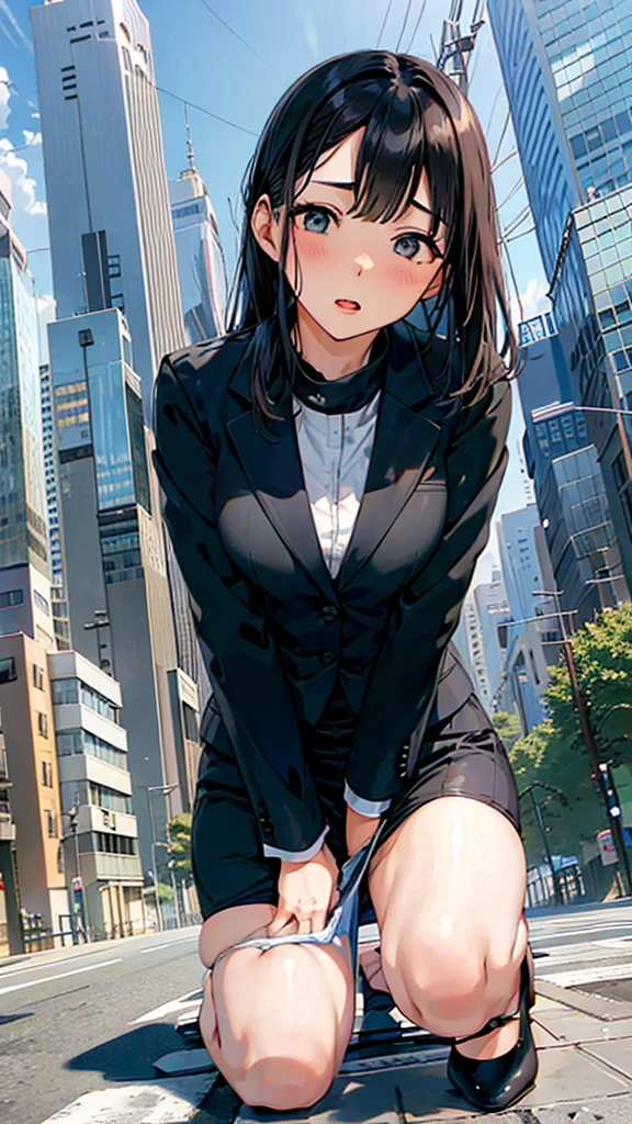 Male hand,Remote controller,Shooting from below,office Street,Skyscrapers in the background,blue sky,all fours,Kneel,masterpiece,quality,High resolution,高quality,Realistic,Random hairstyle,business suit,Pencil Skirt,Black jacket,White collared shirt,whole body,Forehead,Ahegao,Big eyes,Embarrassed face,Fair skin,Thighs,High heels:1.3,panty drop:1.5