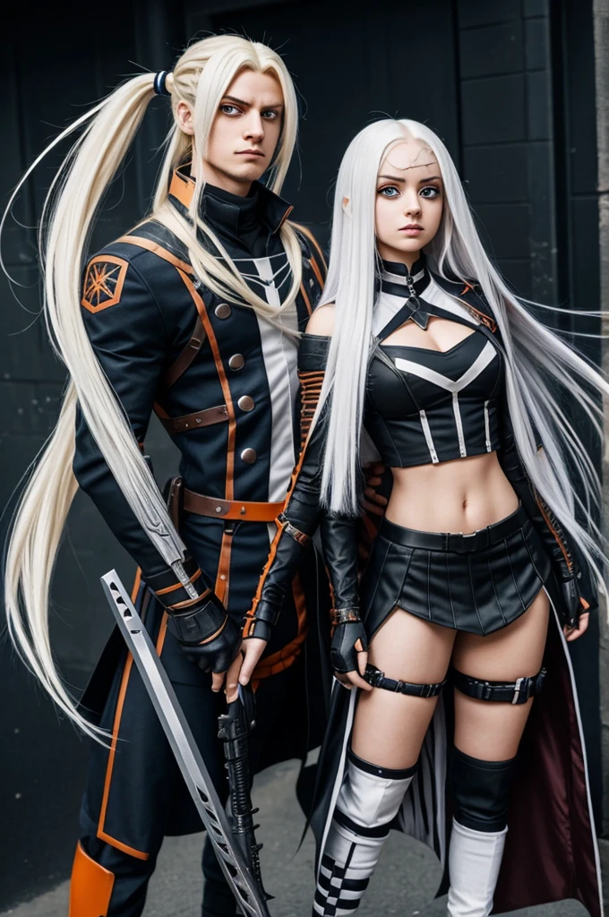 A bnha character A gothic type girl,of 1,70 cm,white,His power is to create only weapons,her hair long and orange like her eyes,that has shoto&#39;s face and is very thin win bust