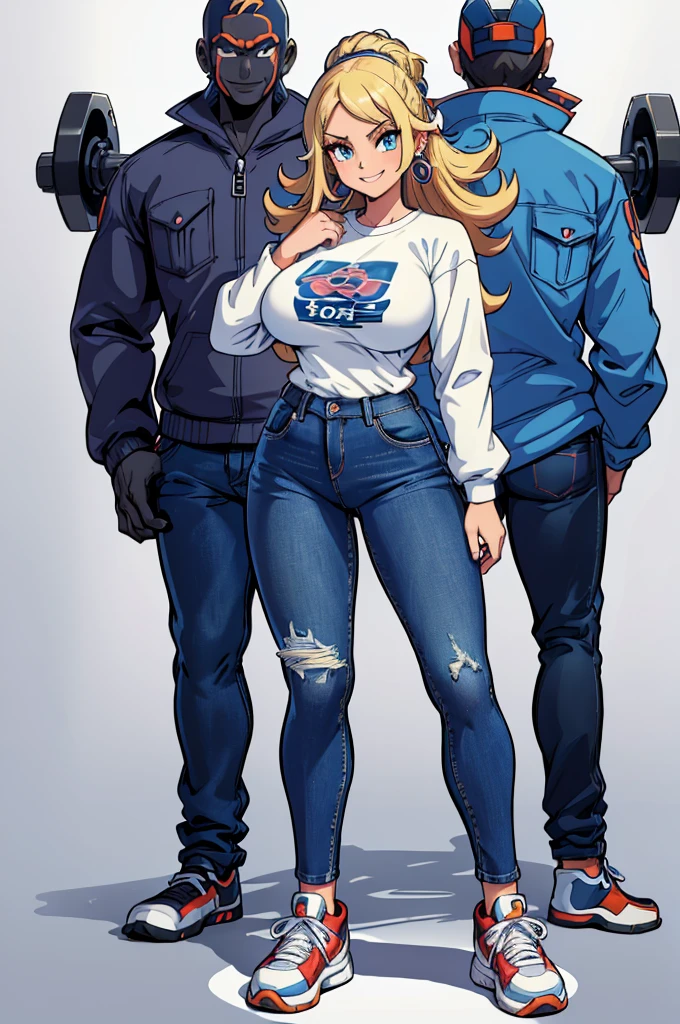 (masterpiece, best quality, high resolution, (pokemon style) ((huge breasts))1 girl, very funny blonde hair, blue eyes, long sleeve t-shirt, jeans, earrings, sneakers, smile ((white background,) ), ((full body standing)),