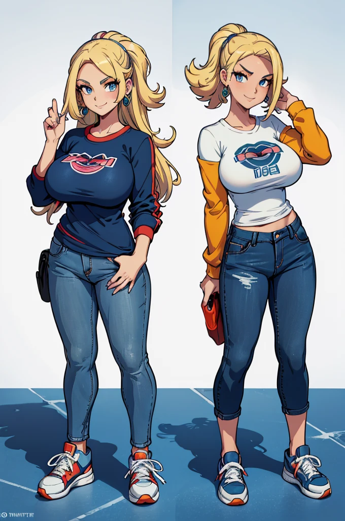 (masterpiece, best quality, high resolution, (pokemon style) ((huge breasts))1 girl, very funny blonde hair, blue eyes, long sleeve t-shirt, jeans, earrings, sneakers, smile ((white background,) ), ((full body standing)),
