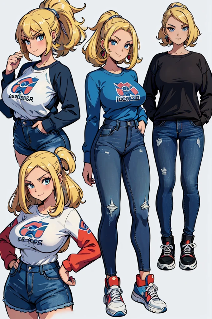 (masterpiece, best quality, high resolution, (pokemon style) ((huge breasts))1 girl, very funny blonde hair, blue eyes, long sleeve t-shirt, jeans, earrings, sneakers, smile ((white background,) ), ((full body standing)),
