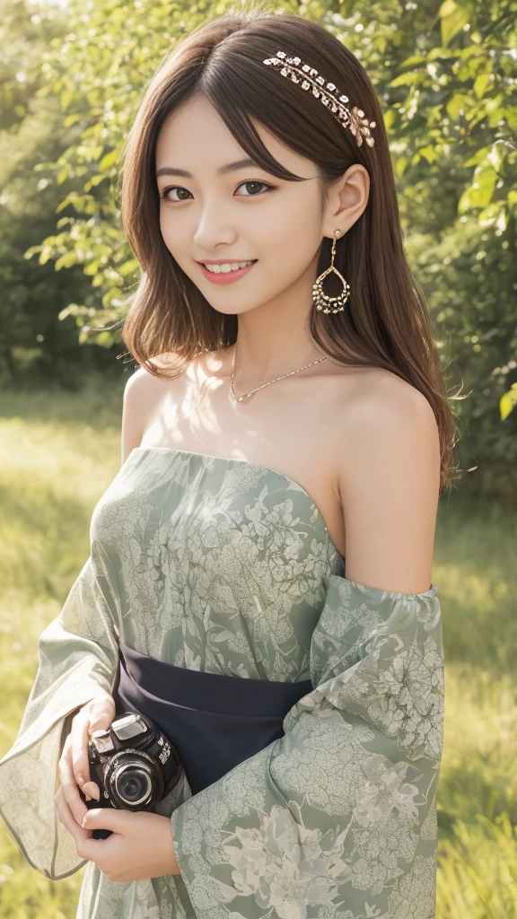 Smile, Looking at the audience, Hair accessories, Japanese clothes, side , Separate sleeves, Wide sleeves, Jewelry, earrings, Bare shoulders, 1 Girl, windy, outdoors, Digital SLR Camera, Bokeh, outdoor, Grass, Trees, evergreen, Sunlight, Sunlight, detailed, Ultra Detailed, high resolution, best quality, masterpiece, light,