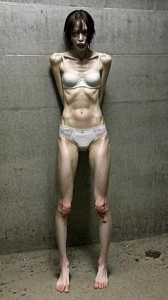 a woman, very thin body, body visible bones, very slender , sweaty weat body, pale white skin, panties, bra,tatto, full body, has a mental breakdown in underground prison