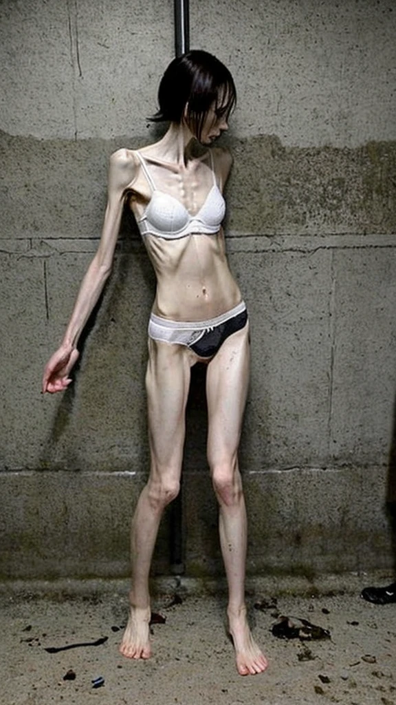 a woman, very thin body, body visible bones, very slender , sweaty weat body, pale white skin, panties, bra,tatto, full body, has a mental breakdown in underground prison