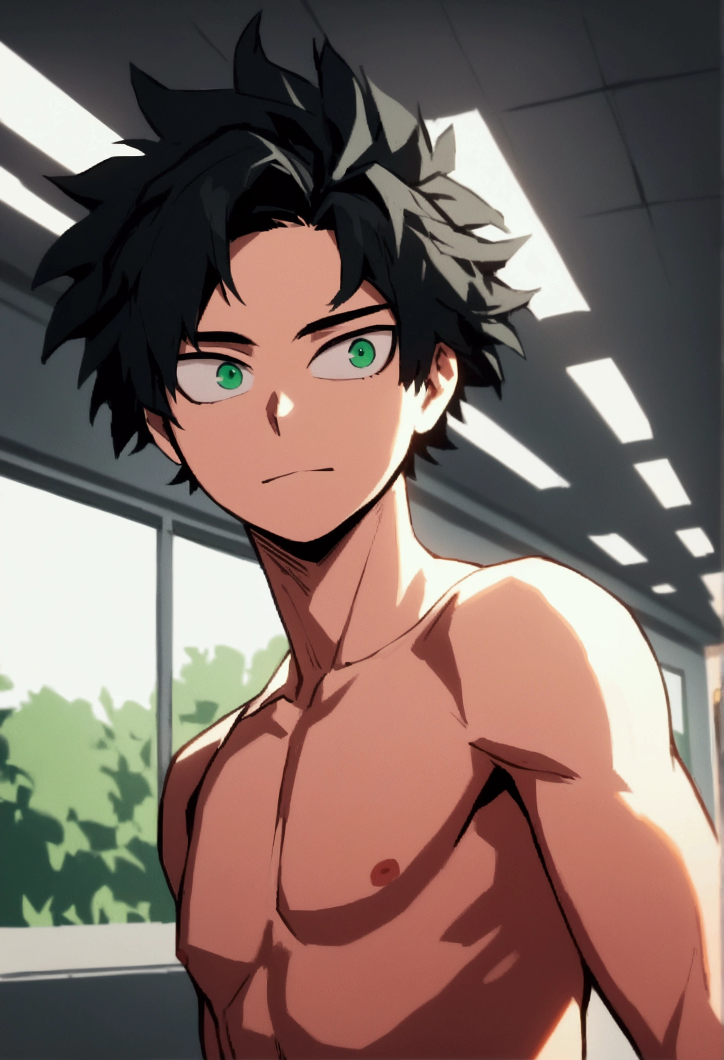 Screenshot of boku no hero academia , beautiful young boy .with strong black hair. Green eyes .shirtless , gentle face, Boku no Hero Style, inside the UA academy, (soul of kindness Undertale/Glichtale), green power