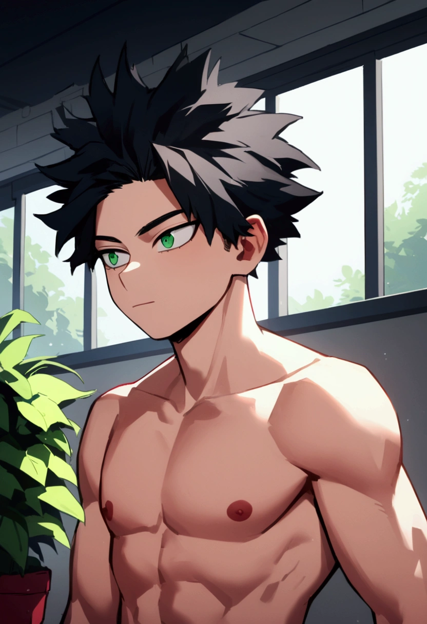 Screenshot of boku no hero academia , beautiful young boy .with strong black hair. Green eyes .shirtless , gentle face, Boku no Hero Style, inside the UA academy, (soul of kindness Undertale/Glichtale), green power