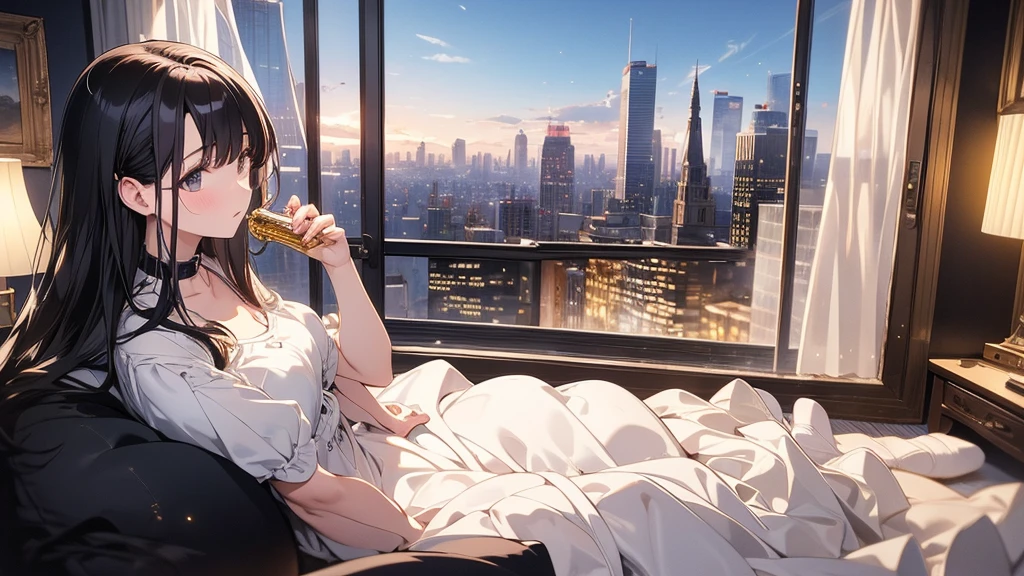Ultra-high resolution, 8k, (Masterpiece, beautifully、mysterious:1.2), Works by Makoto Xin Haicheng, Lo-fi feel, Perfect human body engineering, 1 female, 光りSparkling Eyes, Sparkling Eyes, White ruffled dress, Shiny long black hair, Larger than average bust, Listening to music through headphones, Looking out the window, A room with musical instruments, city view from the window, Impressive cityscape, Bright Sky, meteor, Wide angle, Before dusk