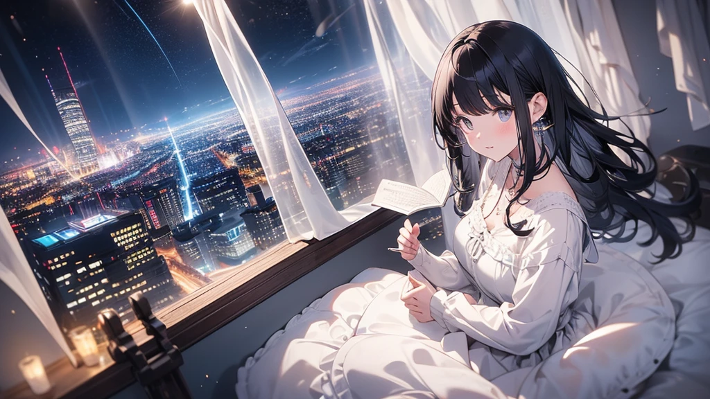 Ultra-high resolution, 8k, (Masterpiece, beautifully、mysterious:1.2), Works by Makoto Xin Haicheng, Lo-fi feel, Perfect human body engineering, 1 female, 光りSparkling Eyes, Sparkling Eyes, White ruffled dress, Shiny long black hair, Larger than average bust, Listening to music through headphones, Looking out the window, A room with musical instruments, city view from the window, Impressive cityscape, Bright Sky, meteor, Wide angle, Before dusk