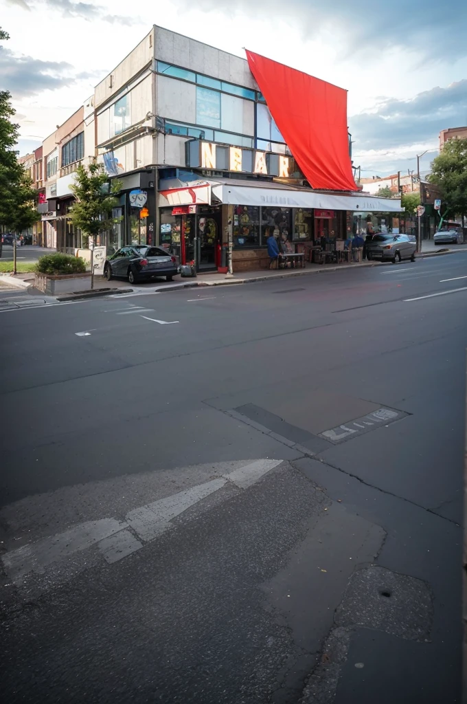 there is a red and white building with a red awning, street top view, street perspective, street level view, hdr shot, parking in the street, street corner, city street view background, interesting angle, restaurant in background, hdr photo, discovered photo, perspective shot, mid-view, soft filmic tonemapping, real image