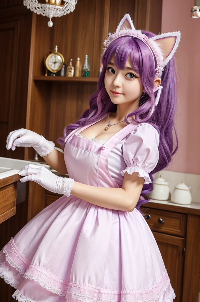 ((Highest quality)), ((masterpiece)), (detailed), One girl, Pink Hair、Long Hair、Hair on one eye、Purple Eyes、Cat ear、Maid Headdress、first round、Jingle bell、dress、Fluffy short sleeves、Cleavage、apron、Handbags、White gloves、Cat&#39;s paw、Cat&#39;s Tail、White thigh-high socks、Black shoes