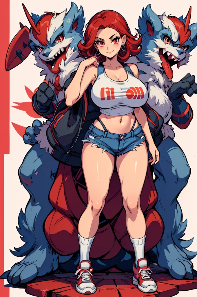 (masterpiece, best quality, high resolution, (pokemon style) ((huge breasts))1 girl, very short and messy red hair, red eyes, tank top, jean shorts, earrings, sneakers, smile, long striped socks(( white background,)), ((full body standing)),