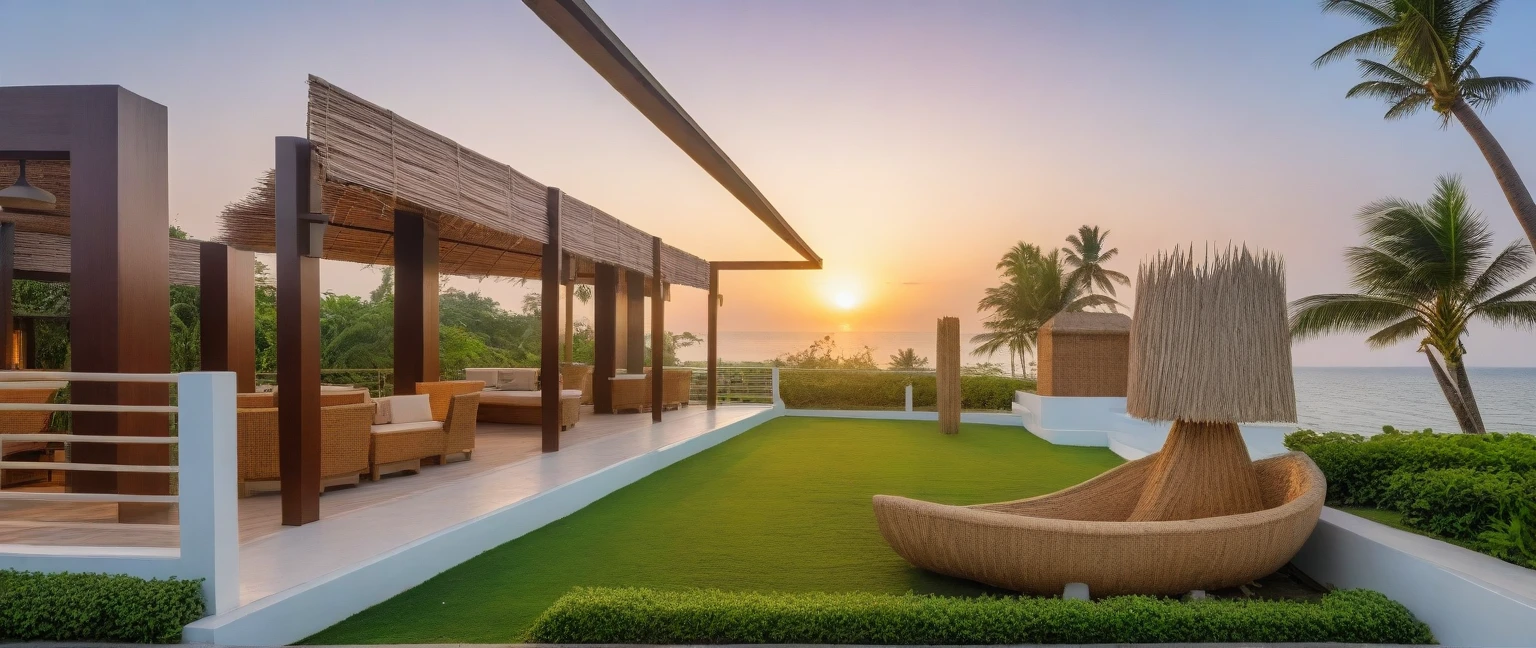 headquarter of Local caft Resort , coconut trees, greenery landscape, along the white beach, clear sky, sunrise time, warm lighting RAW Photo, RAW texture, Super Realistic, 32K UHD, DSLR, soft lighting, high quality, film rating, Fujifilm XT3