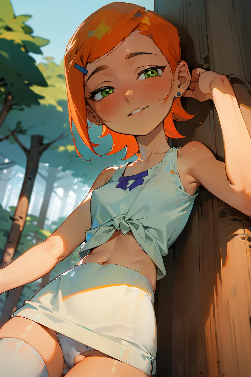 (Masterpiece), Best Quality, ultra-detailed, 1girl (Gwendolyn_Tennyson, breasts, orange hair, short hair, green eyes, half-closed eyes), a face in love,  smile, parted lips, nose blush, blush  , looking at viewer, solo, white tank_top (tied), navel, purple skirt, ultra mini skirt, white thighhighs, white panties, forest,  standing,  Sexy waist teasing,  from_below 