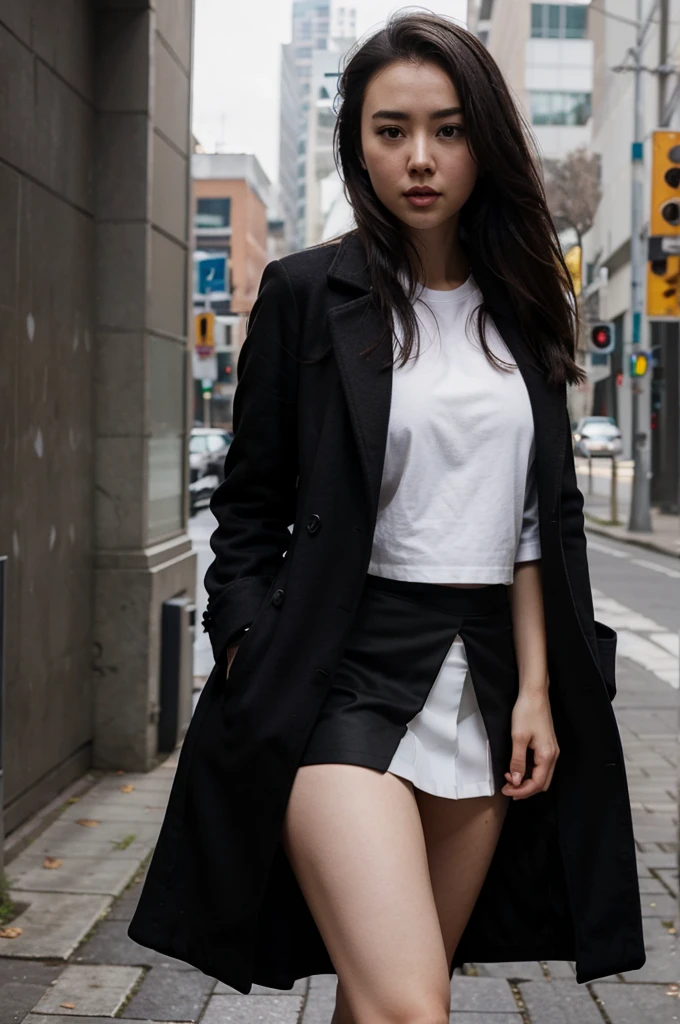 Jessica Henwick, black overcoat, white t-shirt, tight skirt.