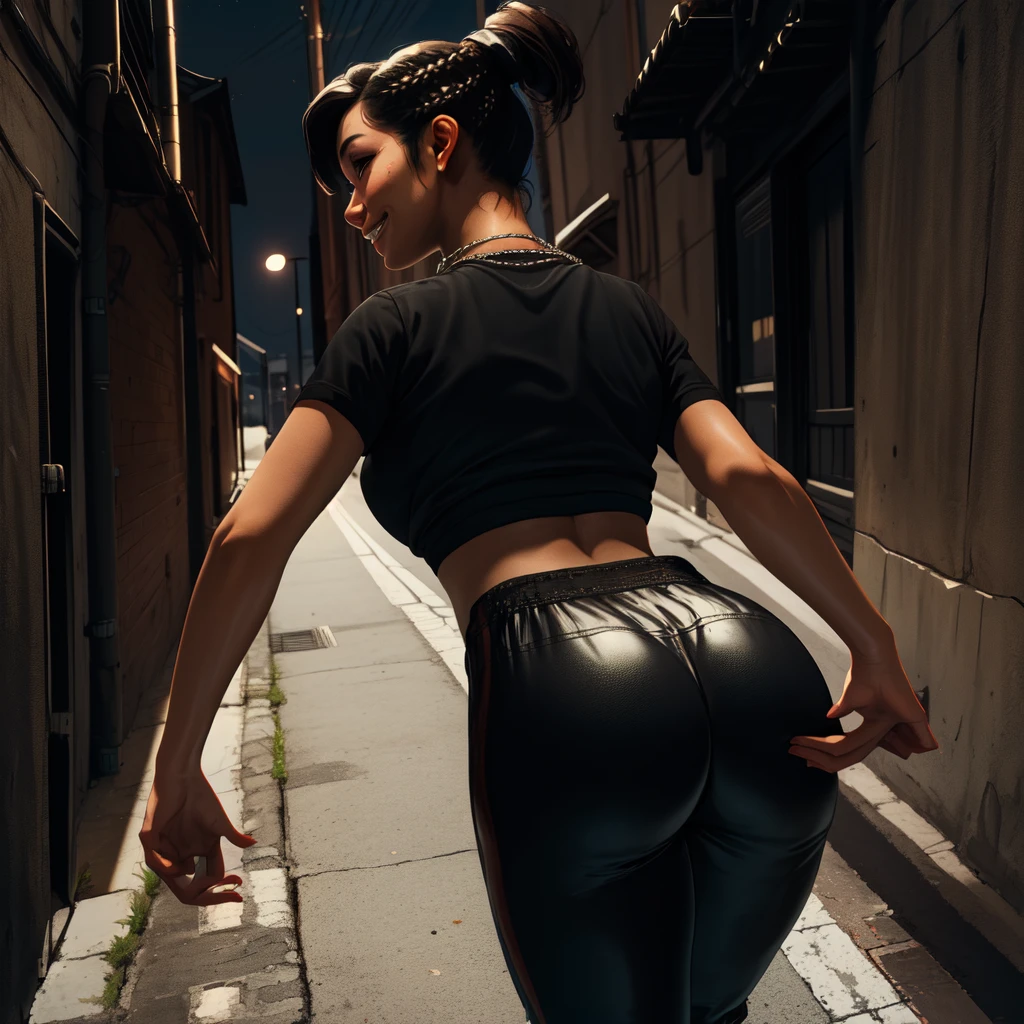 Chitose,black hair,brown eyes,short hair,ponytail,braids,short sleeve,
crop top, (rubbing her hands on her butt),black pants,necklace,street,night,alley, smile, 
(insanely detailed,masterpiece, best quality)((solo,1girl,alone))