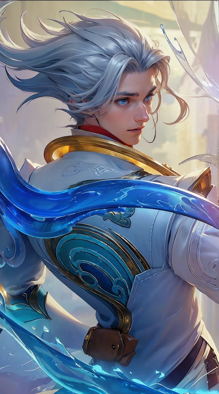 a young man, ice sorcerer, gray hair, gray eyes, blue cape, white shirt, beige pants, boots, gloves, belt, (best quality,4k,8k,highres,masterpiece:1.2),ultra-detailed,(realistic,photorealistic,photo-realistic:1.37),fantasy, magic, ice magic, cinematic lighting, dramatic, detailed facial features, dramatic pose, intricate details, atmospheric environment, fantastical landscape. ((White Shirt))((Blue jeans))((Blue aura))