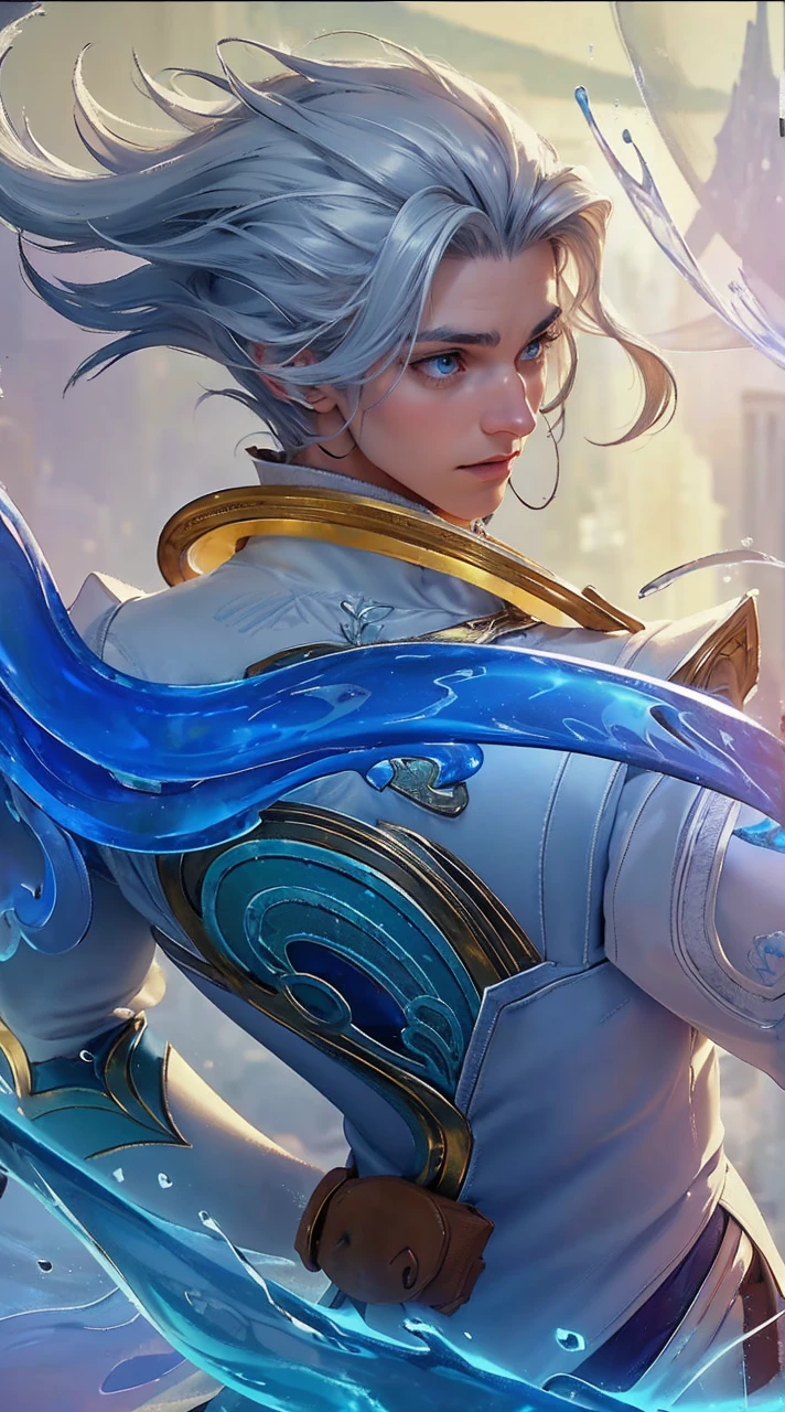 a young man, ice sorcerer, gray hair, gray eyes, blue cape, white shirt, beige pants, boots, gloves, belt, (best quality,4k,8k,highres,masterpiece:1.2),ultra-detailed,(realistic,photorealistic,photo-realistic:1.37),fantasy, magic, ice magic, cinematic lighting, dramatic, detailed facial features, dramatic pose, intricate details, atmospheric environment, fantastical landscape. ((White Shirt))((Blue jeans))((Blue aura))