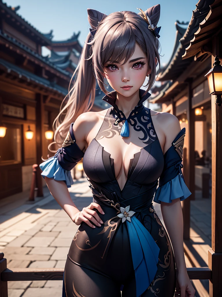 ((highly detailed)), genshin impact, keqing, perfect human hands,(great breast:1.1),relaxed pose, ((fit female)) , super perfct body curve, masterpiece, 8K, detailed, perfect face, (20 years old) language, fit figure, gorgeous perfect face, happy expression, realistic style and super detailed renderings, superrealism, super-realistic oil, contour shadow-procesull body portrait, standing, (((hands on waist))), high res, ultrasharp, 8K, masterpiece, looking at viewer, blushing, chinese city in the background, super detailed eyes