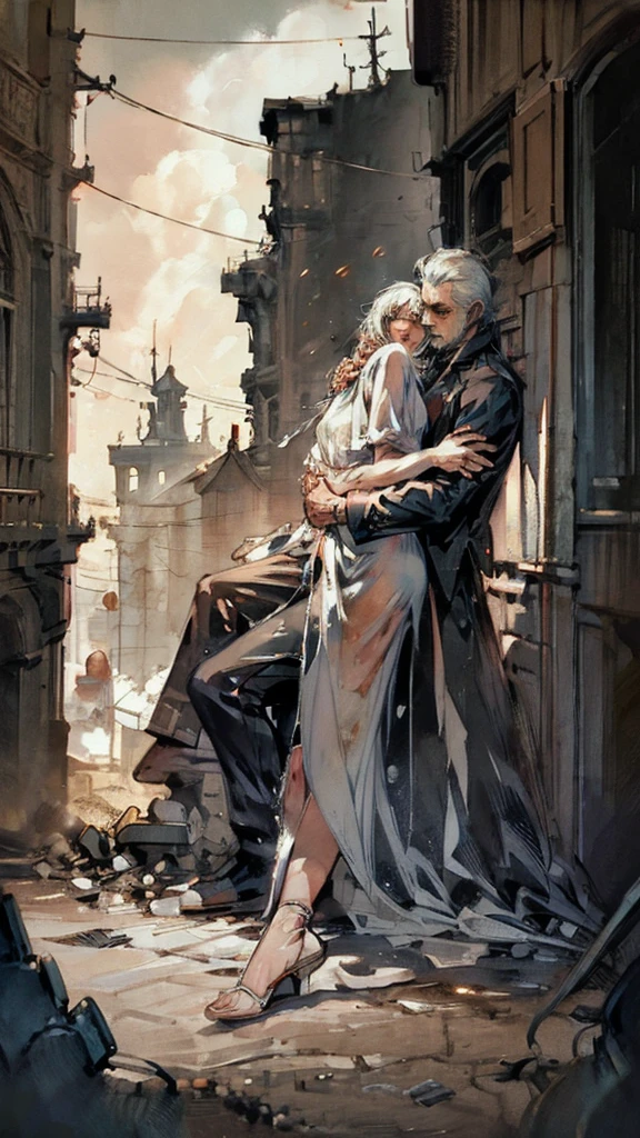 (Masterpiece, Ultra Hd), (Detailed), (Novel Illustrasion) A handsome man with white hair cries blood while embracing a woman with black curly hair who is no longer there who is lying down, Battlefield, a desperate man, a ruined place, burning buildings, chaos everywhere. Noble Clothes. 