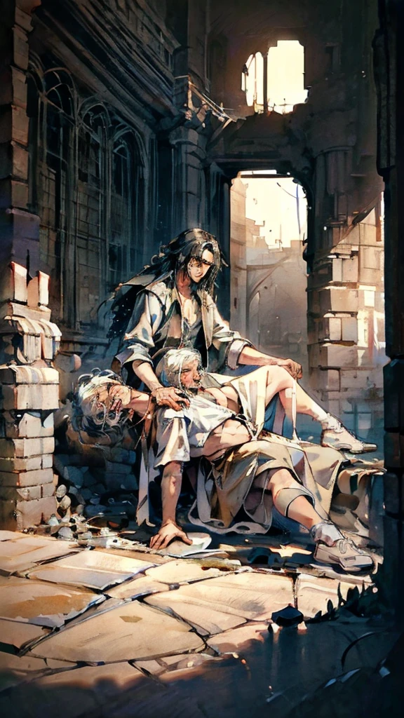 (Masterpiece, Ultra Hd), (Detailed), (Novel Illustrasion) A handsome man with white hair cries blood while embracing a woman with black curly hair who is no longer there who is lying down, Battlefield, a desperate man, a ruined place, burning buildings, chaos everywhere. Noble Clothes. 