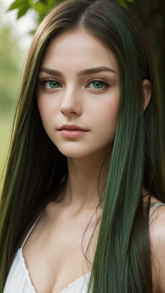 a girl. face sent feeling. Europe. Oval face. long face. delicate facial features. dull eyes. seductively seductive. green eyes. long straight hair. green hair. normal expression. outdoor