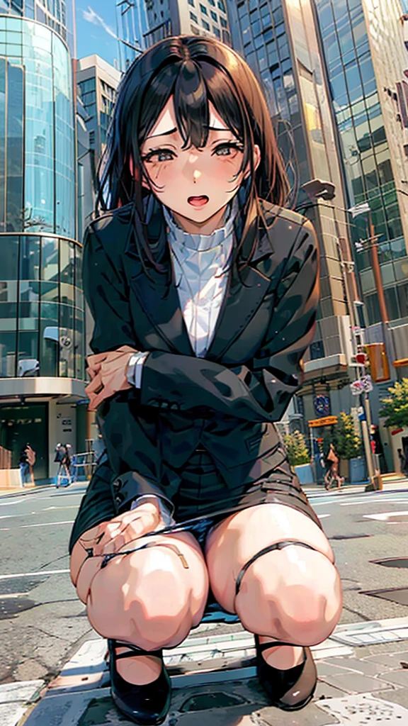 Male hand,Remote controller,Shooting from below,office Street,Skyscrapers in the background,blue sky,all fours,Kneel,masterpiece,quality,High resolution,高quality,Realistic,Random hairstyle,business suit,Pencil Skirt,Black jacket,White collared shirt,whole body,Forehead,Ahegao,Big eyes,Embarrassed face,Fair skin,Thighs,High heels:1.3,panty drop:1.5