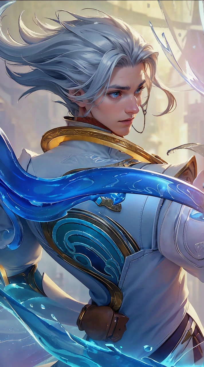 a young man, ice sorcerer, gray hair, gray eyes, blue cape, white shirt, beige pants, boots, gloves, belt, (best quality,4k,8k,highres,masterpiece:1.2),ultra-detailed,(realistic,photorealistic,photo-realistic:1.37),fantasy, magic, ice magic, cinematic lighting, dramatic, detailed facial features, dramatic pose, intricate details, atmospheric environment, fantastical landscape. ((White Shirt))((Blue jeans))((Blue aura))