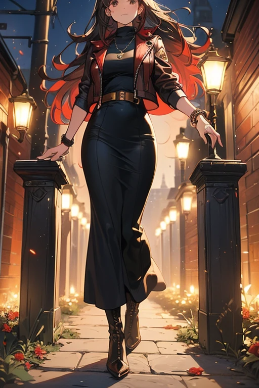 ((masterpiece, best quality, ultra-detailed)), beautiful woman walking through a fall garden, brown leather jacket, red scarf and beanie, bracelet, black midi pencil skirt, long skirt, leather boots, full body, long brown hair, wavy hair, fall garden, leaves, night