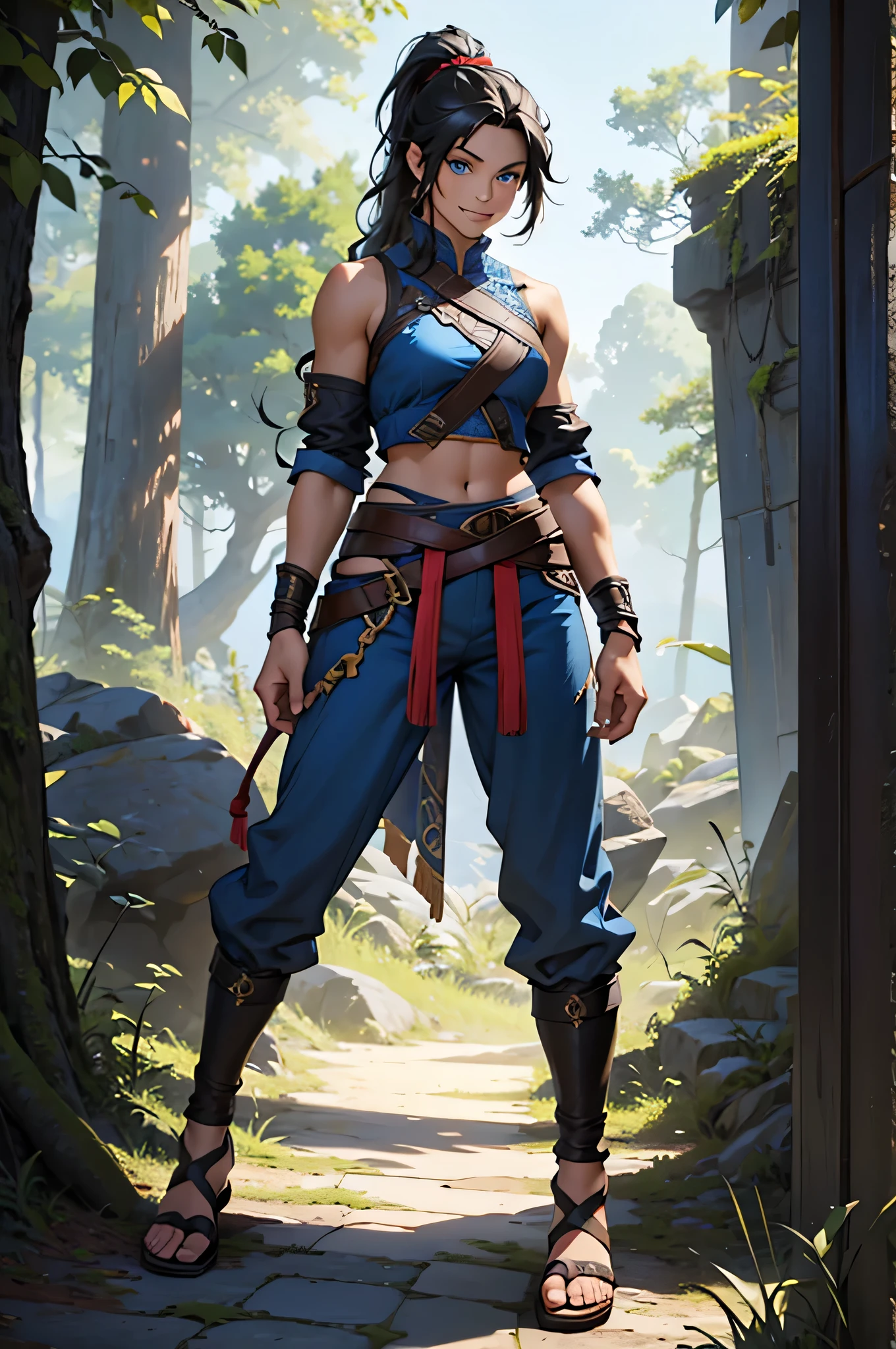 Solo, female, slightly muscular, slightmuscle, big blue eyes, fantasy outfit, forest, pants, cropped jacket, modest clothingBlack hair, Black curly long hair in a ponytail, light eyes, tall and Toned woman, Red and blue outfit Barbarian woman, full body, aesthetic, beautiful woman,fantasy clothing, (masterpiece, best quality:1.2), solo, 1girl, smile, looking at viewer, ponytail, sandals, bare arms, no sleeves