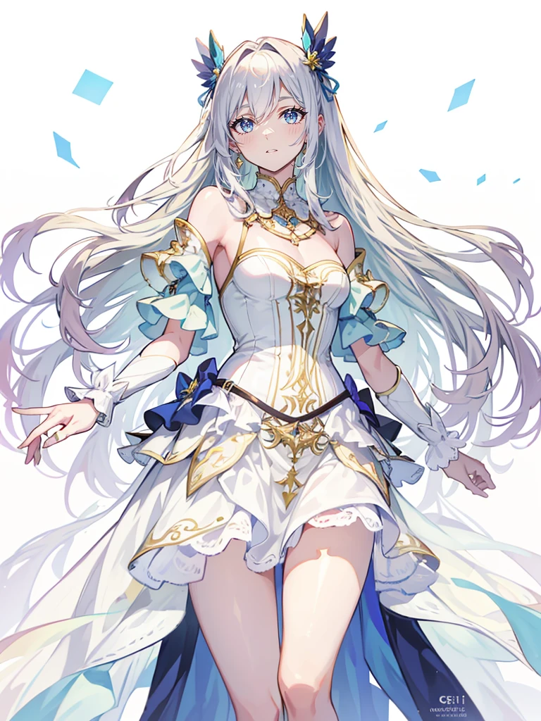 (Ultra-detailed detail CG hand drawn, best quality:1.2)，(Fresh and elegant style+Fairy tale world construction:1.3)，Confident and sweet girl, sliver long hair, Princess dress,The figure is convex and upturned，Charming and bright smile,Simple white background:0.9。
