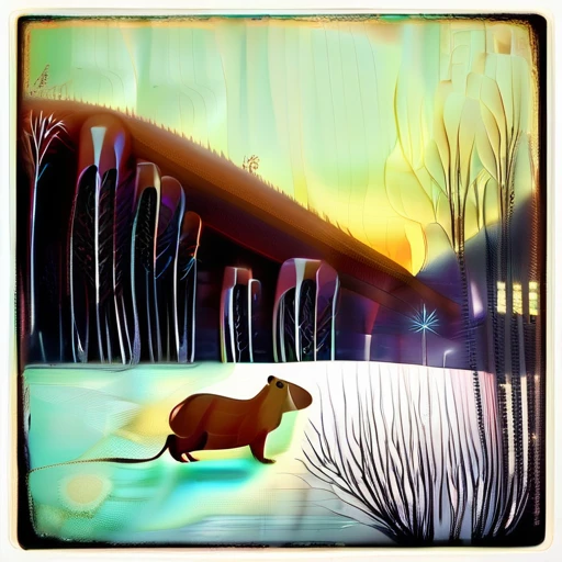 Surrealist art , painting, Robotic cute capybara, Winter, L USM, Lomography, Edvard Munch style, Edvard Munch art . Dreamlike, mysterious, provocative, symbolic, intricate, detailed, a mysterious place, a mysterious creature