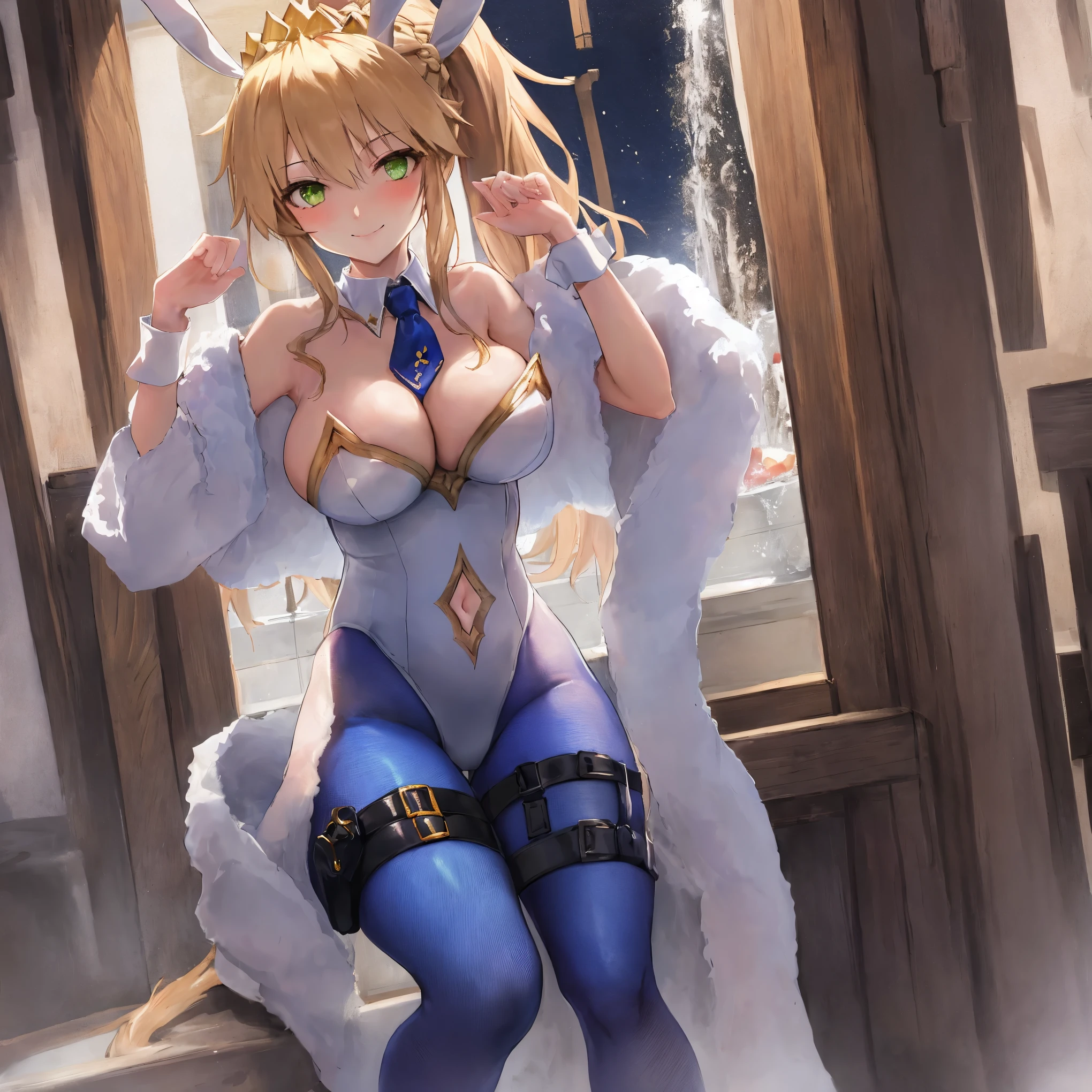 masterpiece, best quality, absurdres, soft lighting, looking at viewer, solo, light_smile, shy,
1girl, ahoge, rabbit ears, playboy bunny, artoria pendragon \(swimsuit ruler\) \(fate\), large breasts , blonde hair, green eyes, french braid, pony tail
bare shoulders, large breasts , cleavage,
clothing cut out, wrist cuffs, detached collar, navel cutout, feather boa,
white leotard, blue necktie, blue pantyhose, single thigh strap, hands_on_head,put_hands_up,
squat,gorgeous_fountain_landscape_background,solo,rabbit_posing,large_thighs,Extend_fingers,palm,open_legs,.solo