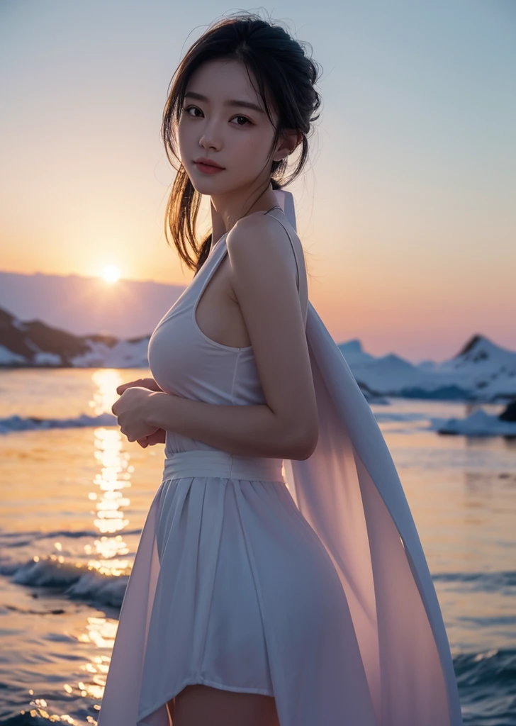 Diffuse lighting、 Highest quality, High resolution, unity 8k wallpaper、Supersaturation, Japanese、1 female、23age、(masterpiece), Highest quality, Highest quality, Detailed and complex, whole body, High resolution, (16age),Very detailed_eye, Sexy Breasts, (eyeliner:0.5),(blush:0.5), Detailed skin, Displaying the viewer, The sun setting、The sun is setting、Solemn atmosphere、Smile happily、Antarctica、 (Zhou Haoguang:1),(Structure of the film:1.3), (Highest quality, High resolution, Realistic, original, 8k,masterpiece, ),Highest quality, masterpiece8k.High resolution. High Rib:1.2, Film Grain, Blurred Bokeh:1.2, Lens flare, (Bright colors:1.2), (delicate),