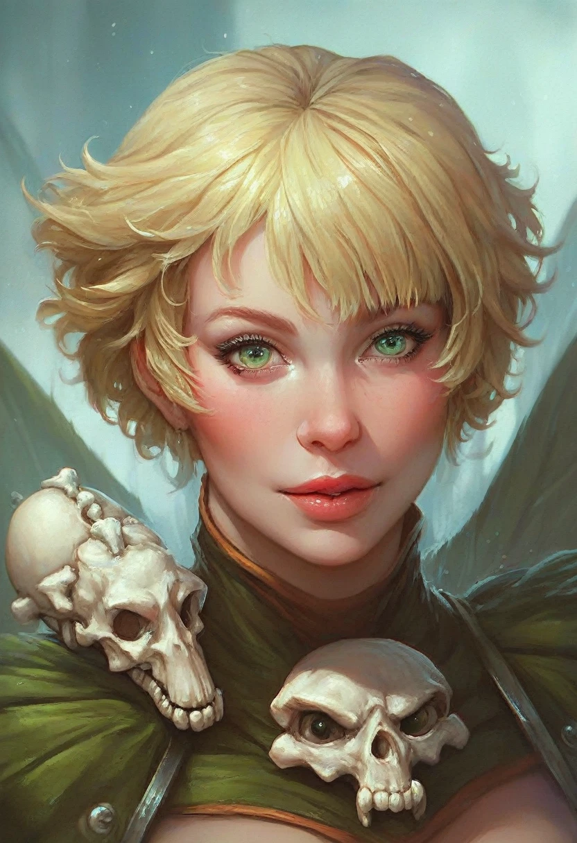 a close up of a woman with a very large body and wings, blonde hair, short hair, green eyes, black biologic armo, bone tail, portrait of female humanoid, female humanoid creature, portrait of a female, sci-fi fantasy art,  detailed sci-fi art, sci - fi horror art