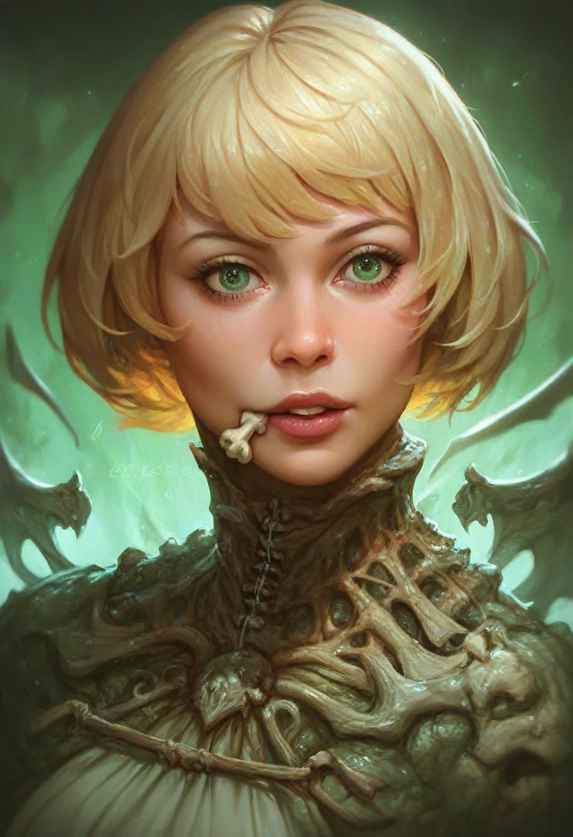 a close up of a woman with a very large body and wings, blonde hair, short hair, green eyes, black biologic armo, bone tail, portrait of female humanoid, female humanoid creature, portrait of a female, sci-fi fantasy art,  detailed sci-fi art, sci - fi horror art